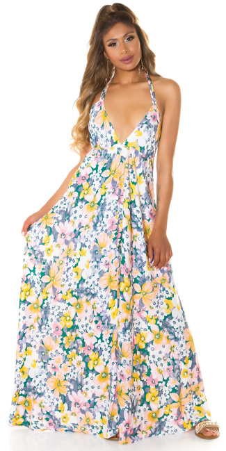 Amazing zomer halter maxi jurk met bloemen-print grijs